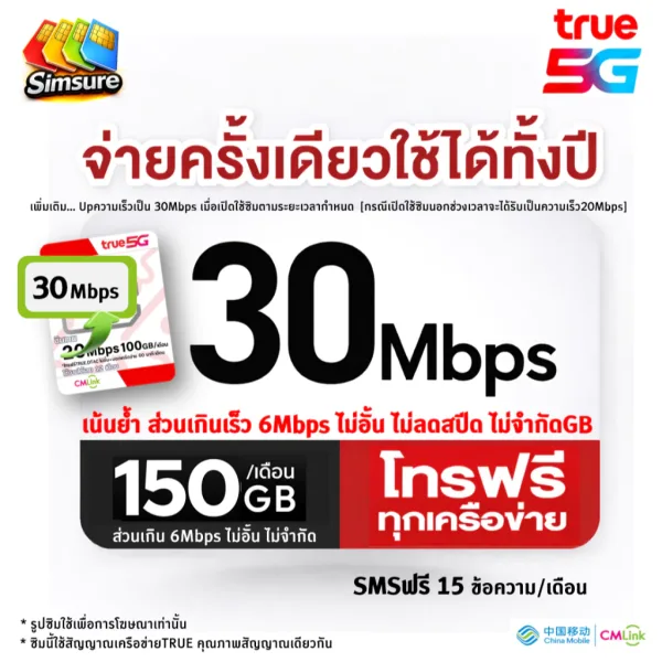 ซิมรายปี TRUE cmlink 30Mbps 100GB/เดือน