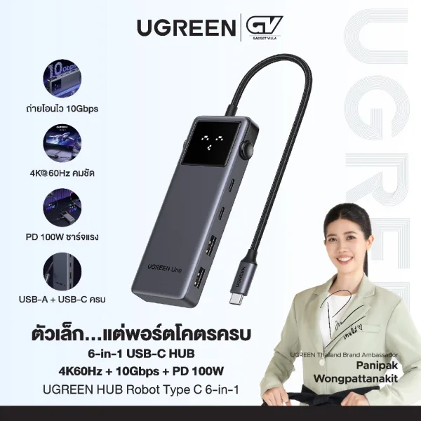 UGREEN อะแดปเตอร์ HUB Robot Type C 6-in-1 รองรับ 4K60Hz +2 USB-A 3.2+2 USB-C 3.2+PD Hub รุ่น 35998